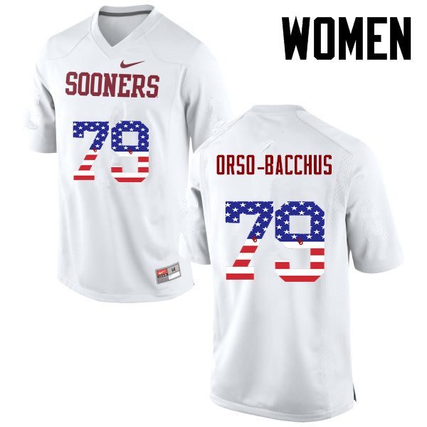 Women Oklahoma Sooners #79 Dwayne Orso-Bacchus College Football USA Flag Fashion Jerseys-White - Click Image to Close
